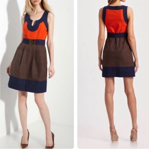 Milly of New York Dresses & Skirts - Milly brown orange blue colorblock sleeveless belted dress pockets size 8 NWT